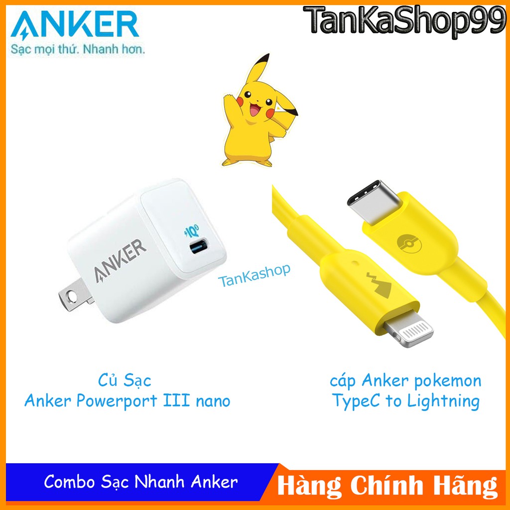 Combo Sạc Nhanh Anker powerport III nano 18W / 20w + Cáp Usb-C to Lightning 0,9m