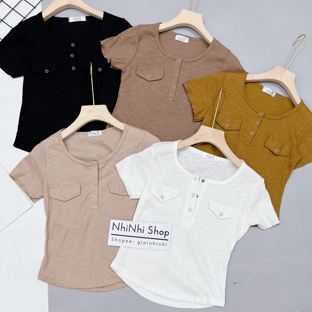 Áo thun tăm cúc ngực hai túi, Áo kiểu dáng ôm cài cúc co giãn
