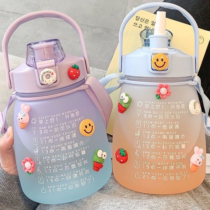 Bình Nước 1300ml Dễ Thương Có Vạch Chia Dành Cho Người Lười Uống Nước Tặng Kèm Sticker 2D Và 3D