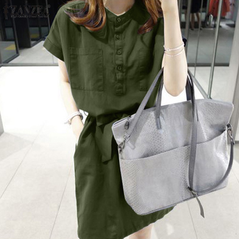 Đầm Zanzea tay ngắn màu trơn phối thắt lưng phong cách Hàn Quốc thời trang cho nữ