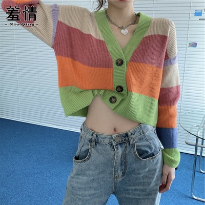 Áo Cardigan Dệt Kim Dáng Rộng Kẻ Sọc Cầu Vồng Xinh Xắn Cho Nữ