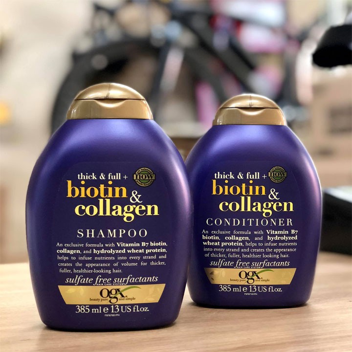 Combo dầu gội dầu xả Biotin tím Thick and Full Biotin and Collagen OGX 385ml KBeauty