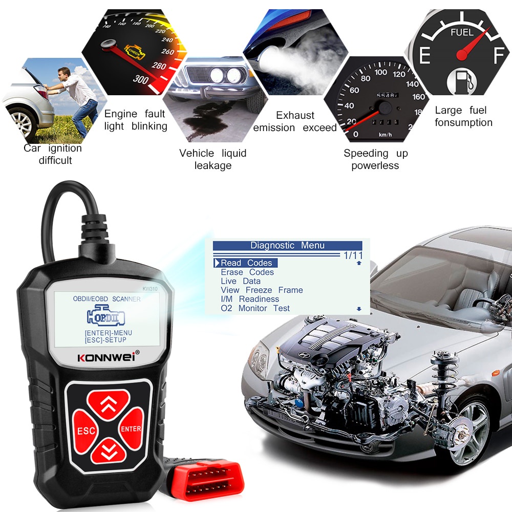 Konnwei kw310 obd2 Cho Máy Quét Xe Hơi Tự Động obd 2, Máy Quét Ngôn Ngữ pk elm327