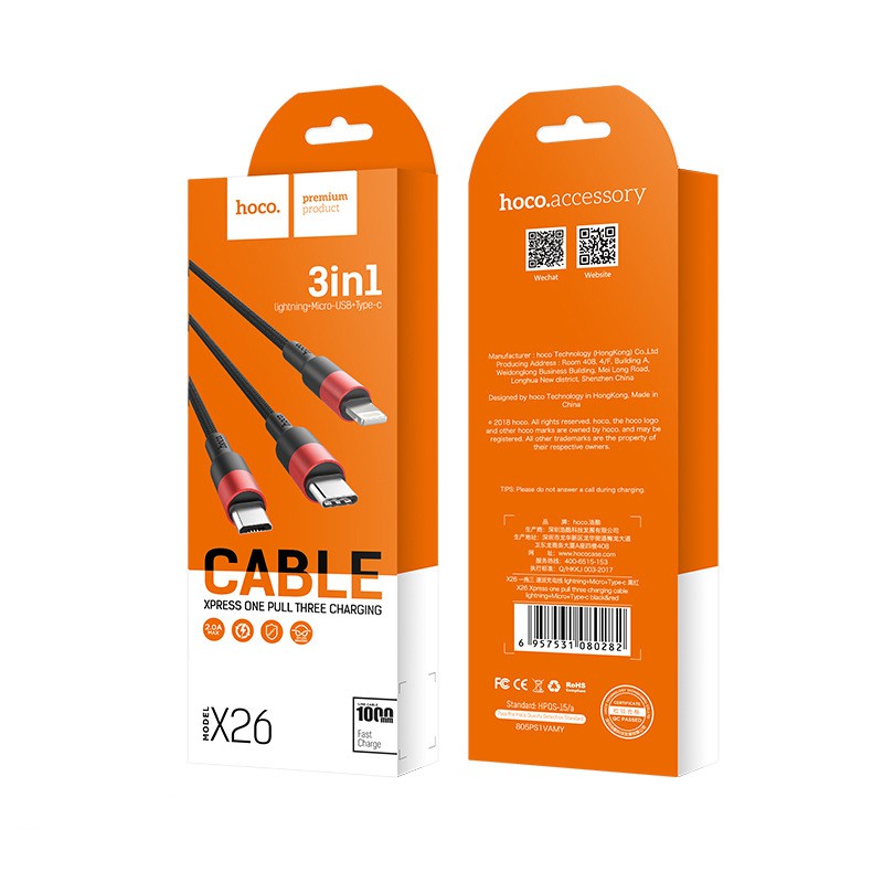 Cáp Sạc Nhanh 3 Đầu Chống Đứt Gãy Hoco X26 Micro Usb Type C dây dù dài 1m Bảo Hành 12 tháng