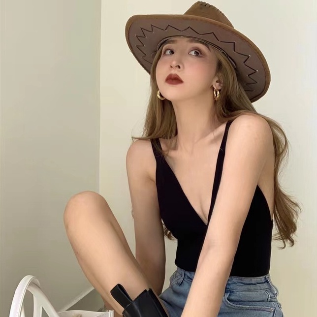 【Hana and Alice】Áo Dệt Kim Hai Dây Cổ Chữ V Màu Trắng / Đen Phong Cách Âu Mỹ Quyến Rũ Thời Trang Mùa Hè Cho Nữ