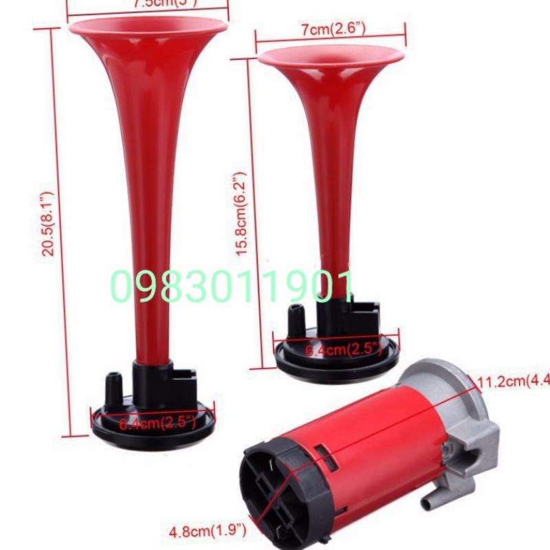 Còi hơi, kèn sinh hơi 2 loa đỏ, còi tạo hơi cho xe không có bình hơi điện 12v và 24v