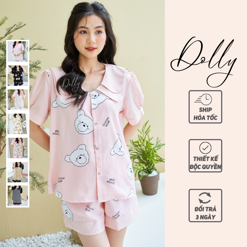 Bộ mặc nhà Pijama lụa mango tay cộc quần đùi DOLLY SECRET phối họa tiết dễ thương tay bồng cổ kép