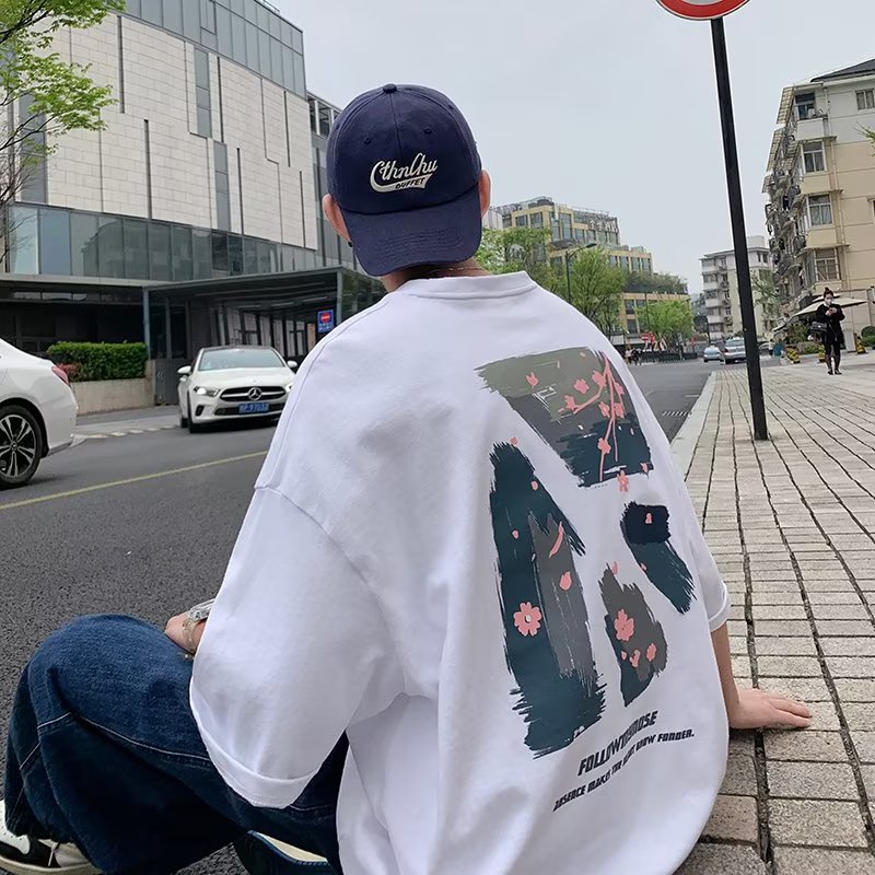 Áo Thun Unisex Tay Ngắn Dáng Rộng In Hình Núi Tuyết/Hoa Anh Đào Thời Trang Hàn Quốc