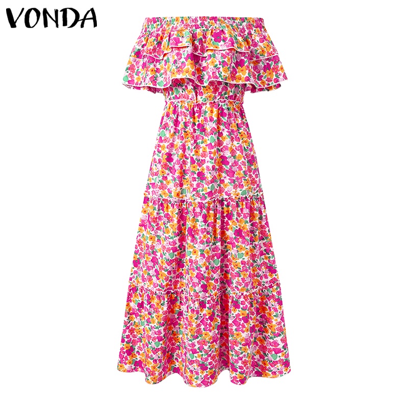 Đầm VONDA dáng dài xếp ly dáng rộng trễ vai tay lửng in họa tiết hoa cổ điển cho nữ