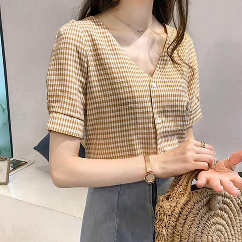 Áo Sơ Mi Nữ Tay Ngắn Cổ Chữ V Kẻ Sọc Caro Phong Cách Hàn Quốc