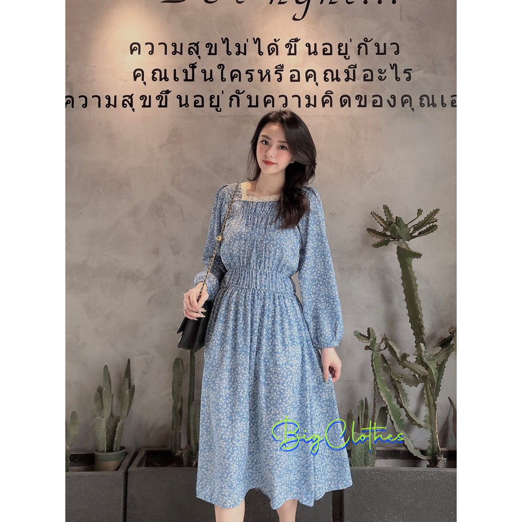 Váy đầm bigsize hoa nhí màu xanh BigClothes thiết kế cổ vuông sang chảnh thoáng mát từ 45kg đến 75kg BC017