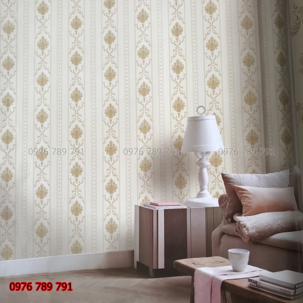 Giấy Dán Tường Hoa Văn Cổ Điển Dải Dọc Phòng Khách, Lụa Không Keo, Khổ 10m x 53cm, Màu Vàng, Trắng Đẹp, Rẻ