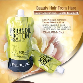  DELOFIL- DẦU HẤP Ủ TÓC PHỤC HỒI DƯỠNG ẨM COLLAGEN DELOFIL ARGANOIL PROTEIN SIÊU MƯỢT 500ML TÚI  