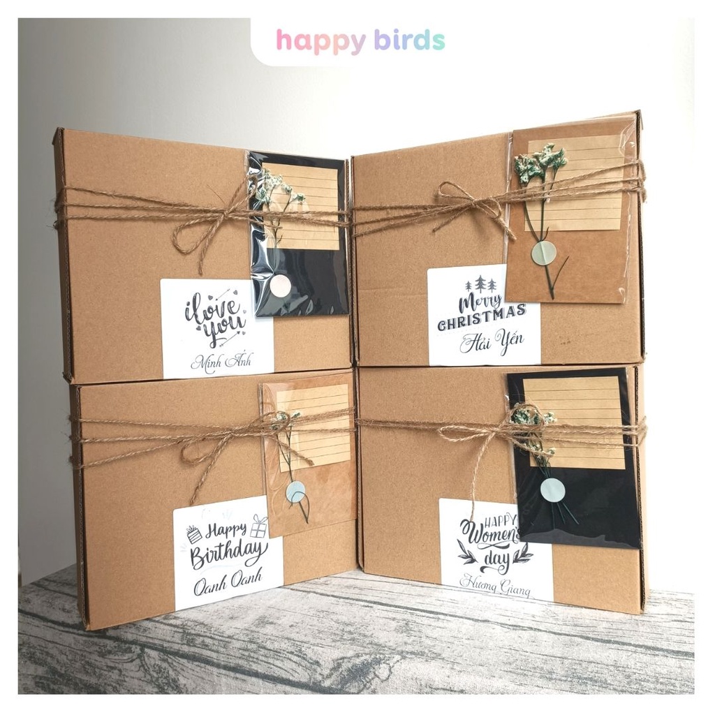 Hộp đựng quà viết tên theo yêu cầu kèm thiệp rơm in tên carton nắp gài giấy kraft tặng quà sinh nhật HappyBirds