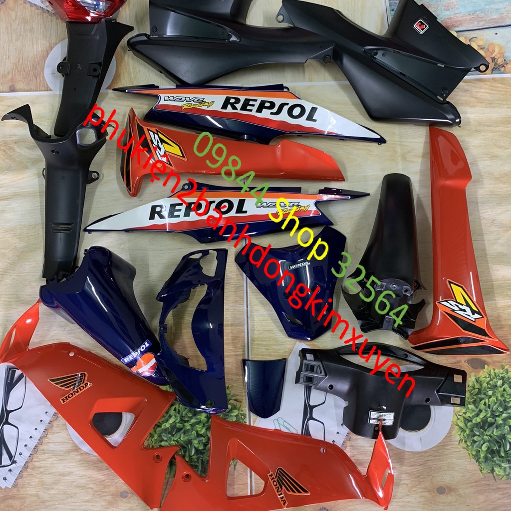 Bộ dàn áo xe wave REPSOL MÀU CAM -wave RS -WAVE S -WAVE đời 2006 đến 2016 wave máy 100 và 50cc-nhựa ABS (TẶNG TEM REPSOL