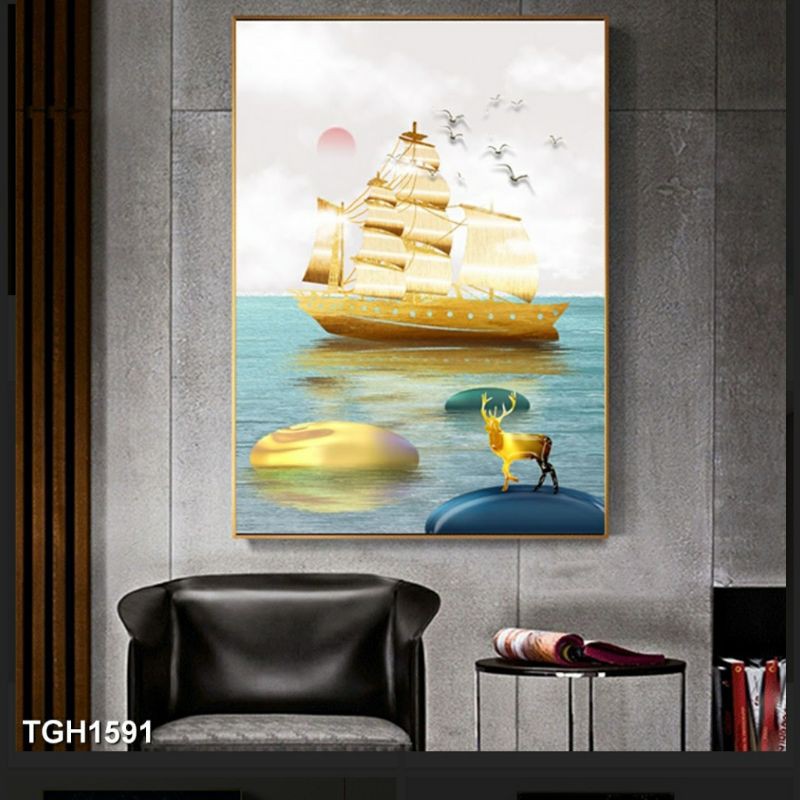Tranh canvas thuyền hươu 50x70 giá kèm khung