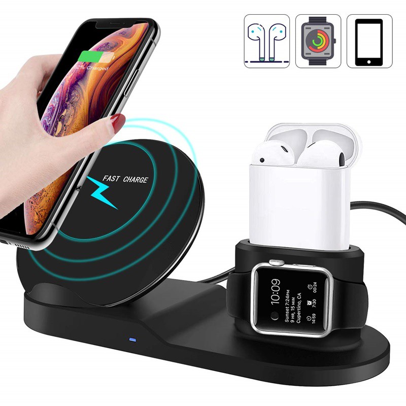 Bộ sạc không dây 3 trong 1 dùng cho iPhone X 8 Samsung có sạc nhanh cho Airpods Apple Watch 4 3