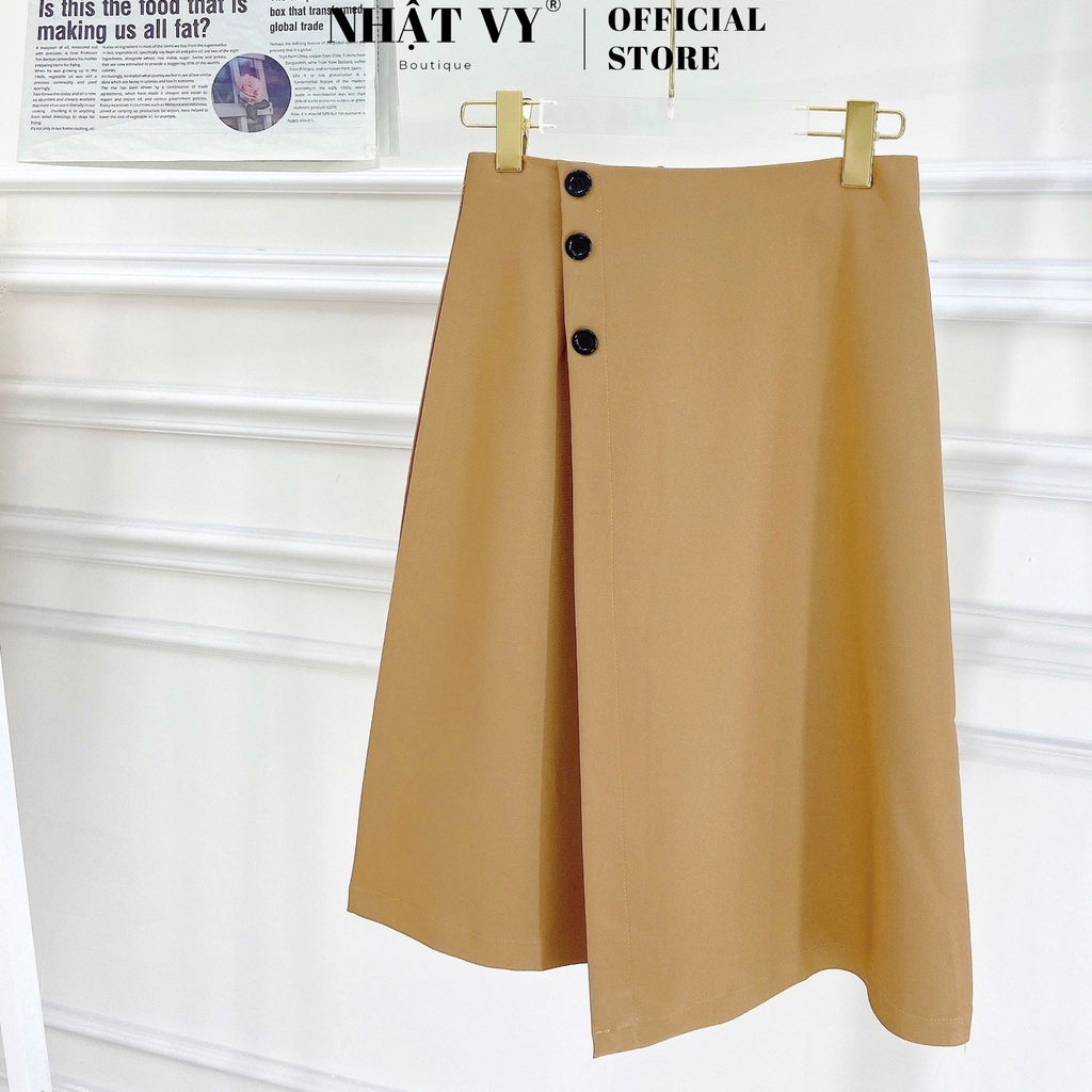 Chân Váy Nữ NHẬT VY Midi Chữ A Vạt Chéo Phối Cúc Chất Kaki Thun Công Sở Màu Đen, Cafe - D2072