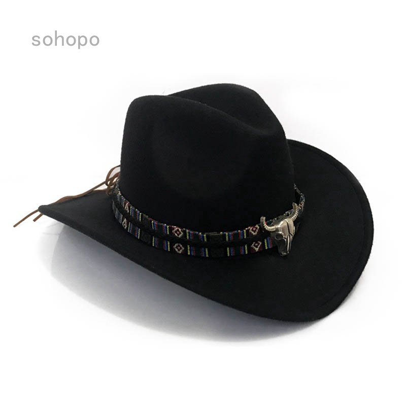 Mũ cao bồi chất liệu da vành rộng phong cách Retro dành cho unisex