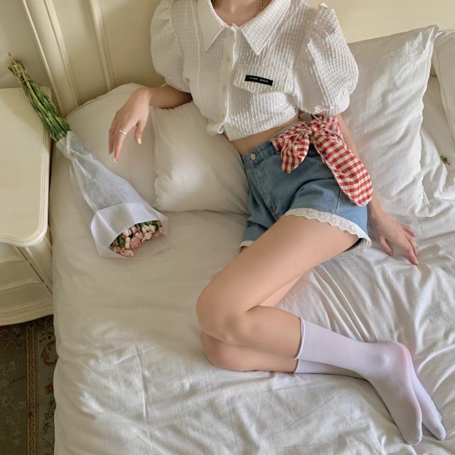 Quần short denim JSC lưng cao ống rộng phối ren phong cách Nhật Bản dễ thương cho nữ