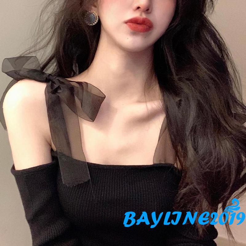 Bay-Women Trendy Crop Tops, Solid Color Ribbed Off-Shoulder Long Sleeve Blouse with Tied Shoulder Strap for Ladies, Black