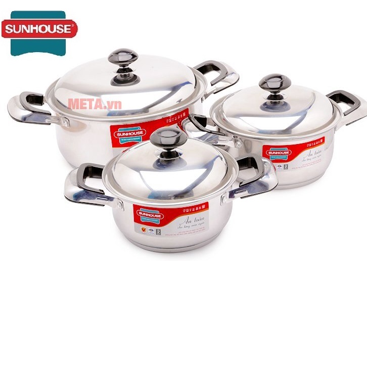 Bộ 3 nồi inox 3 đáy sunhouse Sh334 hoặc SH333 DÙNG ĐƯỢC BẾP TỪ (Tặng 1 khăn lau)