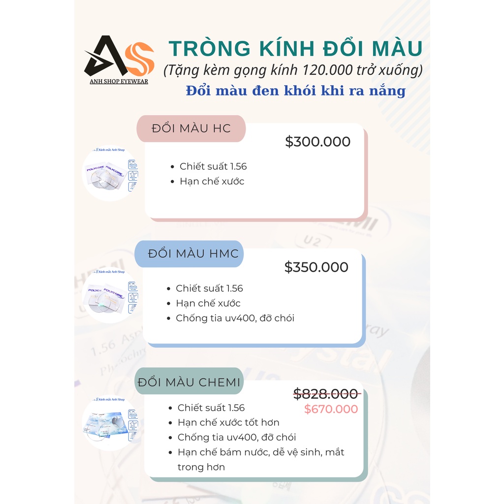 [Mã SKAMFSW175 giảm 10K đơn 50K] Tròng kính cận viễn loạn Chemi chống tia uv, chống ánh sáng xanh, đổi màu đen khói