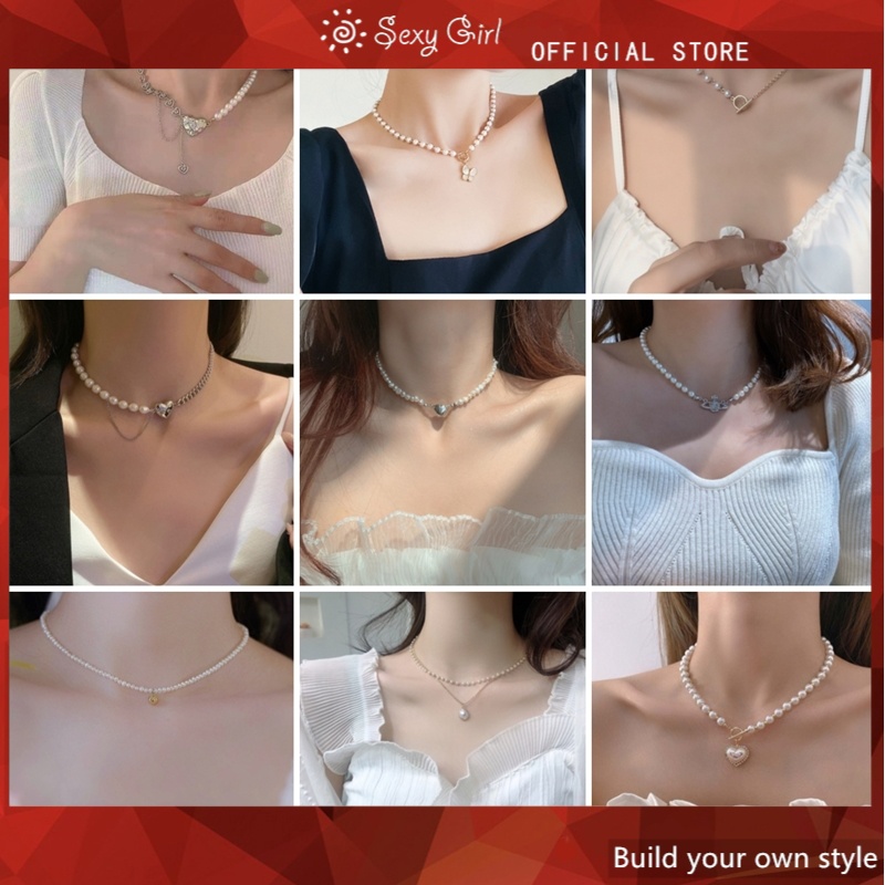 Vòng cổ Hình Bướm Đính Ngọc Trai Nhân Tạo Phong Cách Hàn Quốc