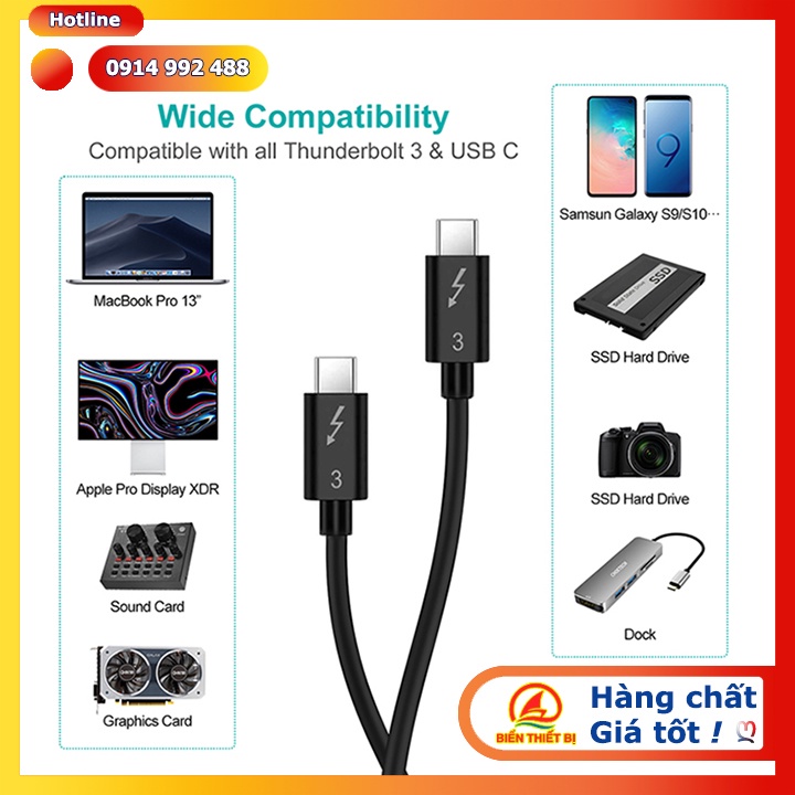 Cáp Thunderbolt 3 to Thunderbolt 3 dài 0.7m  Tốc độ 40Gbps xuất hình ảnh 5K 4K hỗ trợ sạc 20V-5A/ 100W PD.