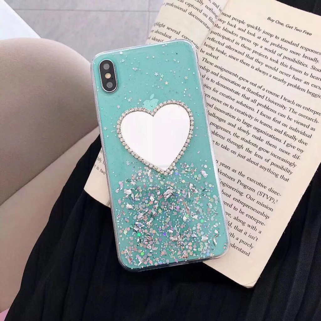 iPhone 12 Mini 11 Pro Max 6 6S 7 8 Plus  X XS Max XR Heart Shape Makeup Mirror Bling Soft TPU Phone Case