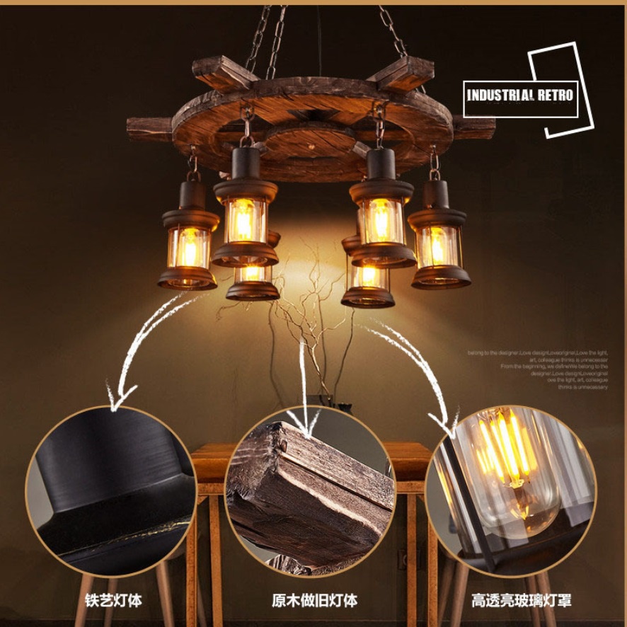 Đèn chùm gỗ thả trần decor vintage trang trí nhà hàng, quán bar phong cách cổ điển hình bánh lái tàu thuỷ