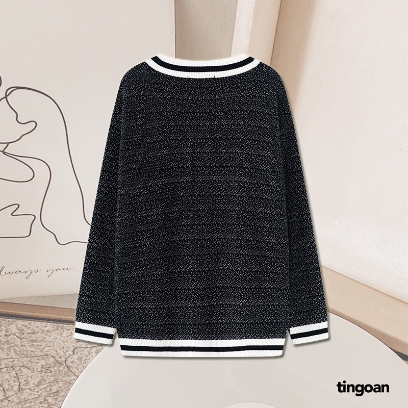 TINGOAN® - Áo khoác cardigan len xù đen viền trắng RAINBOW BABY CARDIGAN/BL