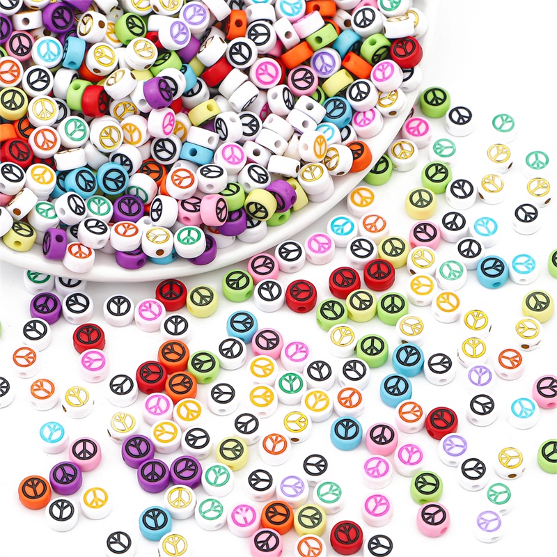 100 Hạt nhựa acrylic xỏ lỗ 7mm họa tiết Peace dùng làm trang sức/ vòng tay/ vòng cổ