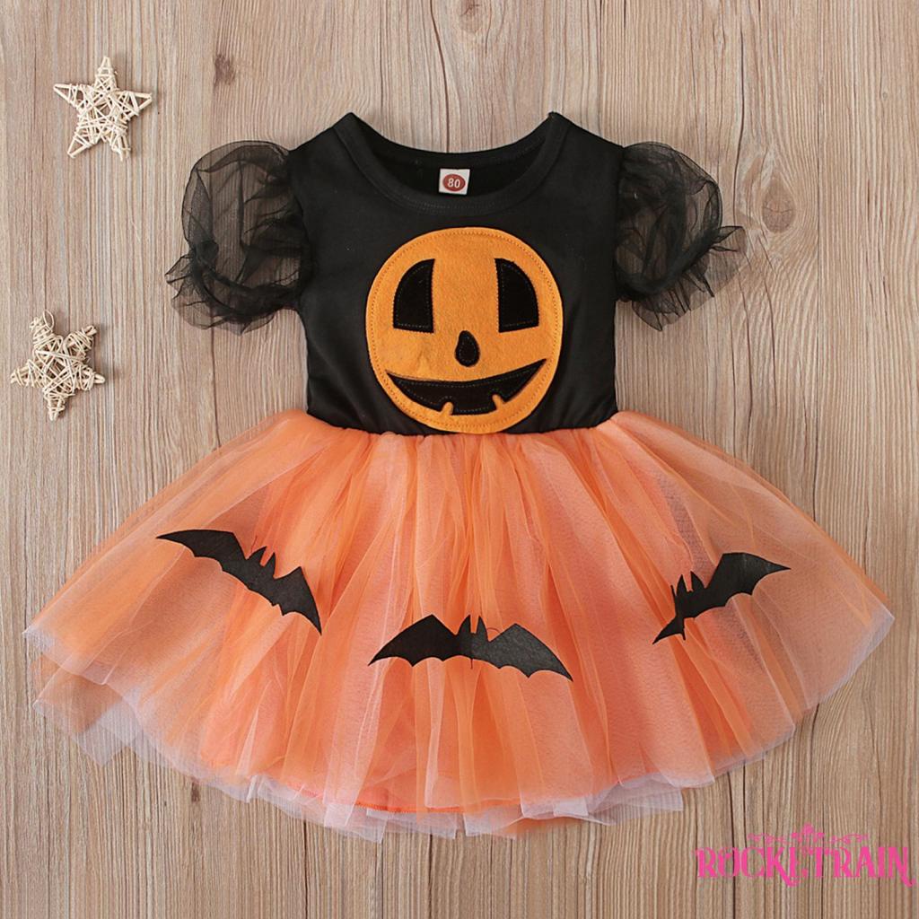 Wa-đầm Lưới Tay Ngắn Phồng Cổ Tròn Màu Sắc Ngọt Ngào Phù Hợp Với Halloween Cho Bé Gái