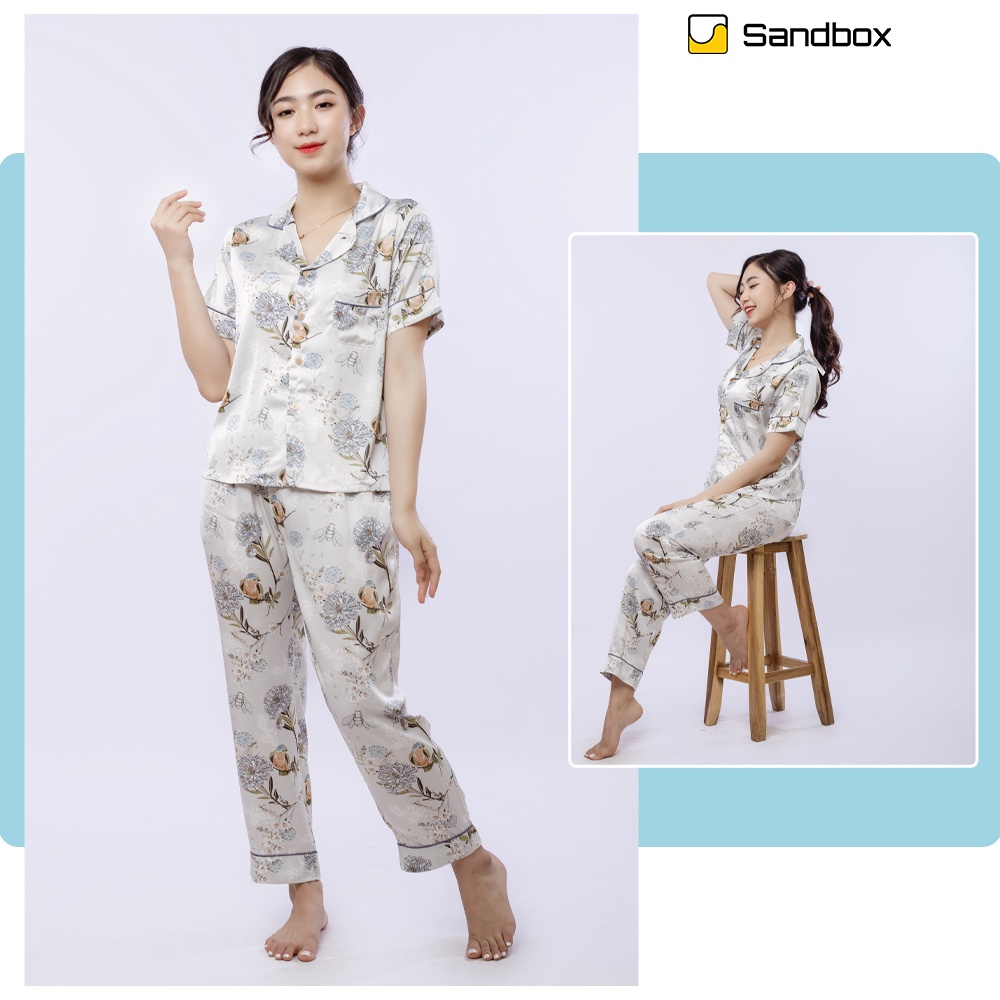 Bộ Pijama Mặc Nhà SANDBOX Tay Ngắn, Quần Dài Chất Liệu Lụa Satin Nhật Cao Cấp Mềm Mịn