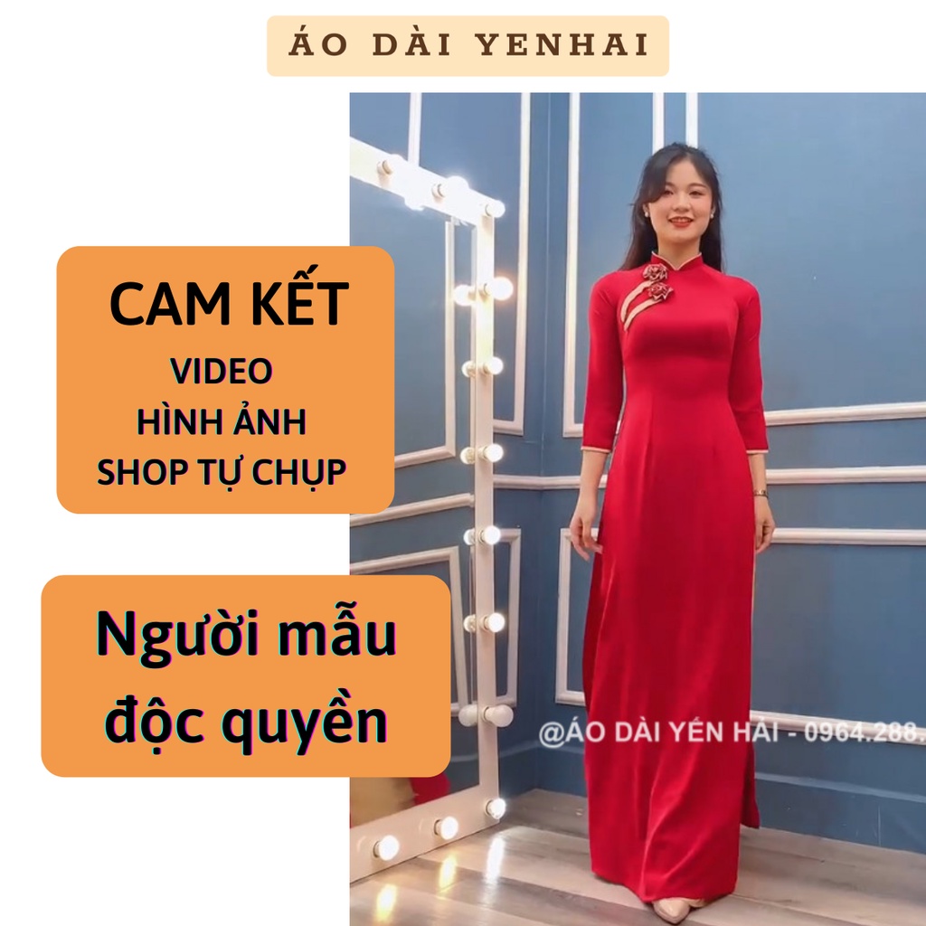 Áo dài truyền thống Lụa Thái Tuấn màu đỏ có đính Hoa thiết kế trước ngực | HT16 | Áo dài yến hải