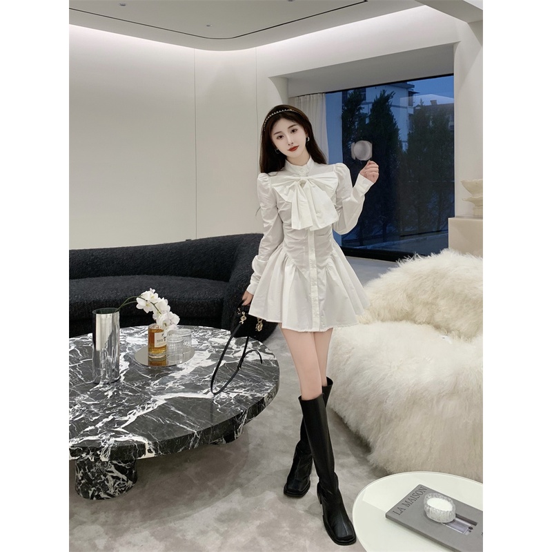 Đầm sơ mi xếp ly nơ ngực hàng Quảng Châu cao cấp