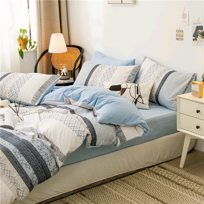 Bộ chăn ga gối cotton poly Lidaco decor phòng ngủ vintage - Thổ cẩm trắng