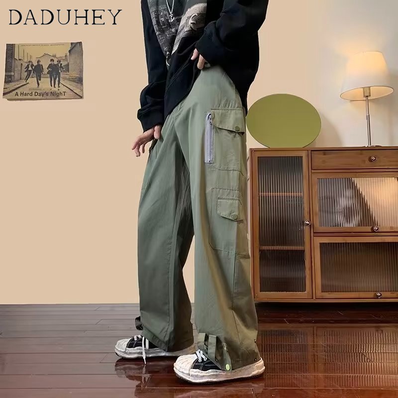 DaDuHey Men's and Women's Autumn Overalls Solid Color Wide Leg Loose Adjustable Ankle-Tied Multi-Pocket Casual Working Pants