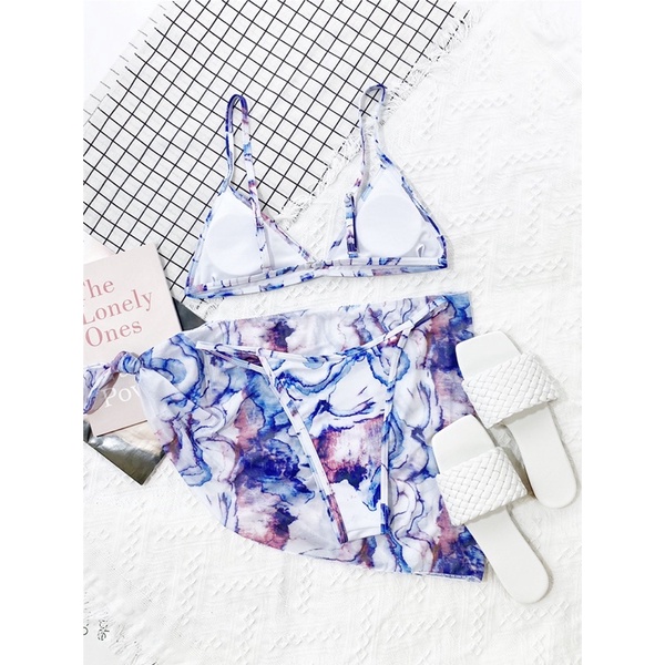 [BKN1169] &lt;ÂU&gt; SET BIKINI 3 MÓN XANH LOANG TRẮNG KÈM KHĂN HÔNG