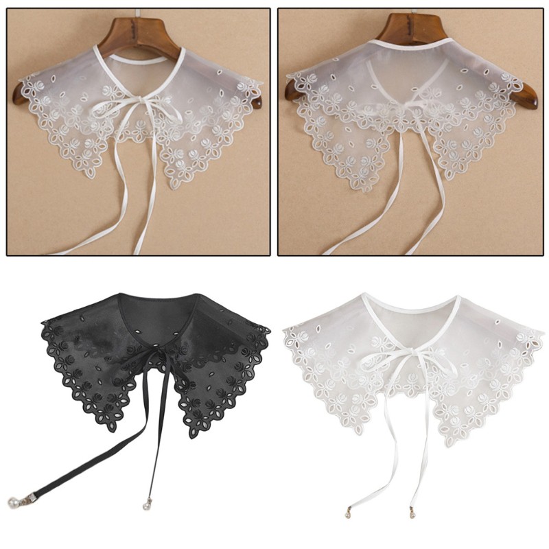 san* Women Hollow Out Floral Lace Fake Collar Shawl Wrap Elegant Sheer Mesh Tulle Half Shirt Necklace Faux Pearl Ribbon Lace-Up Decorative Mini Poncho Capelet pearl false collar