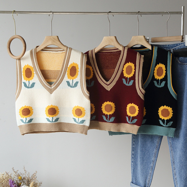 Sleeveless sweater women's sunflower pattern V-neck