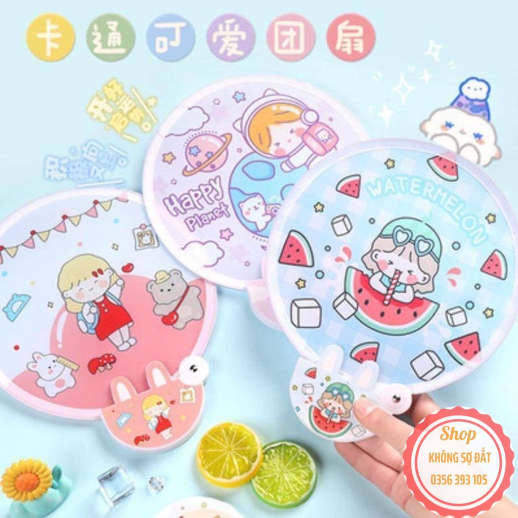 Quạt gấp tròn mini có tay cầm và túi đựng ( giao hình ngẫu nhiên)