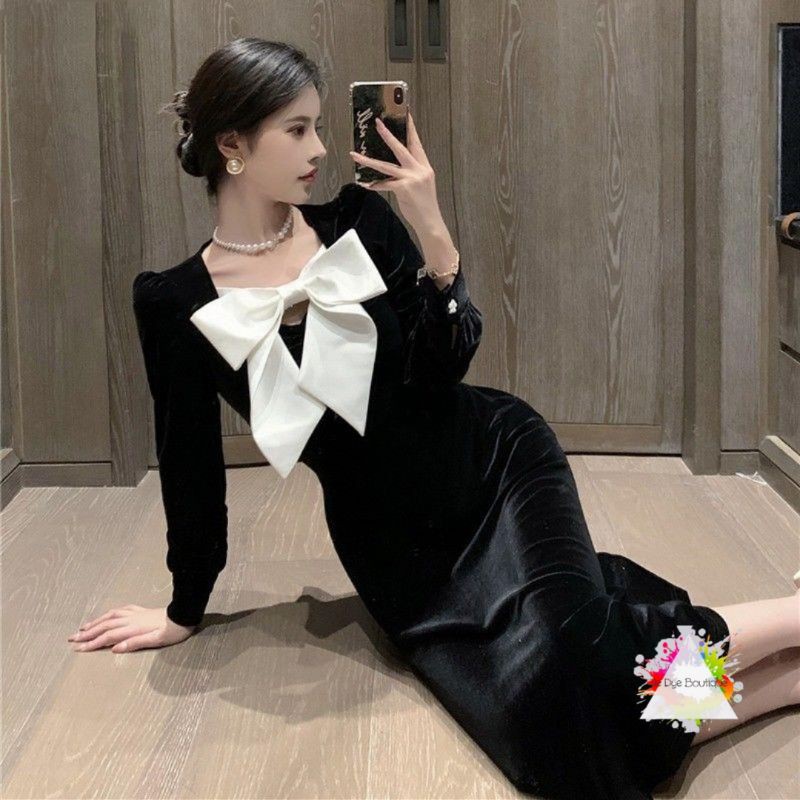 ĐẦM TIỂU THƯ TRANG TRỌNG DÁNG DÀI RETRO THẮT NƠ NGỰC 🎀