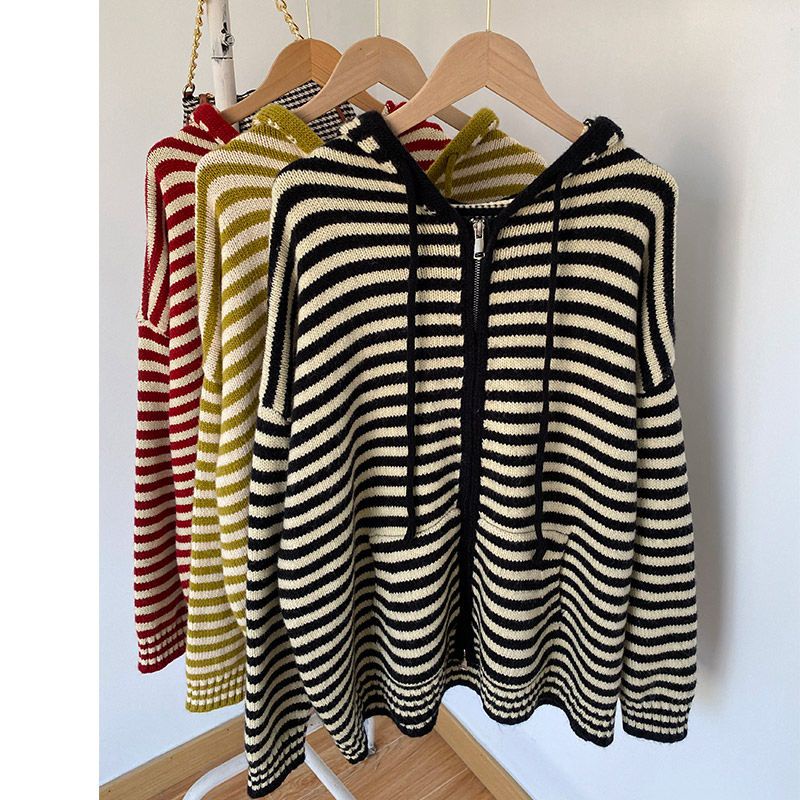 Áo Khoác Len Cardigan Có Khóa Kéo Dáng Rộng Họa Tiết Kẻ Sọc Thời Trang Cho Nữ