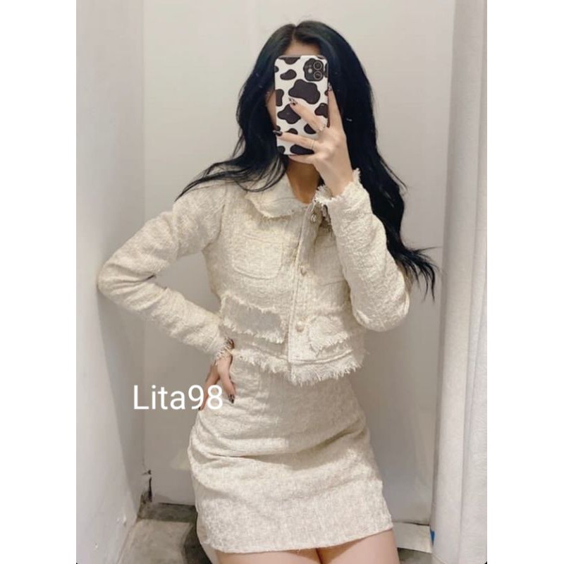 Set dạ tweed nude tay dài siêu xinh kèm ảnh thật MS123