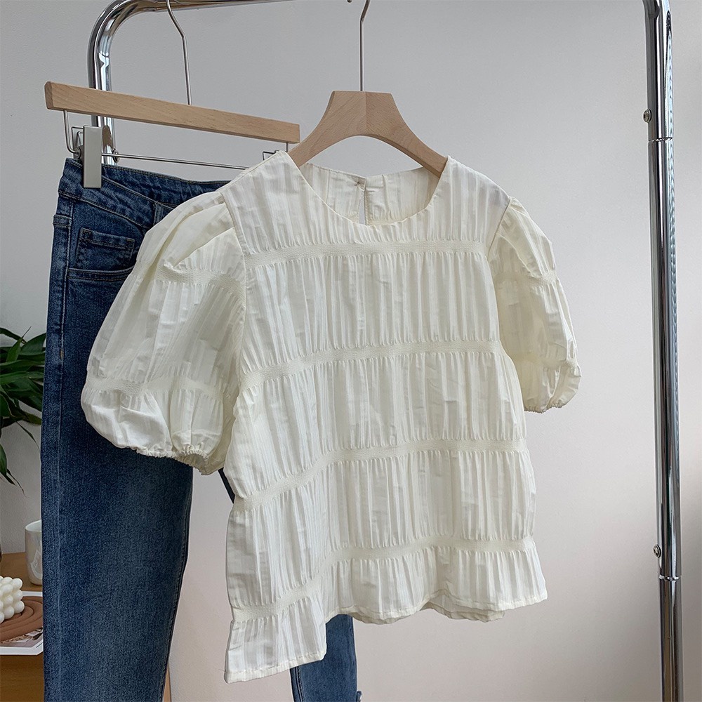 (HÀNG SẴN) Áo babydoll tay ngắn cổ tròn - Áo kiểu tay phồng