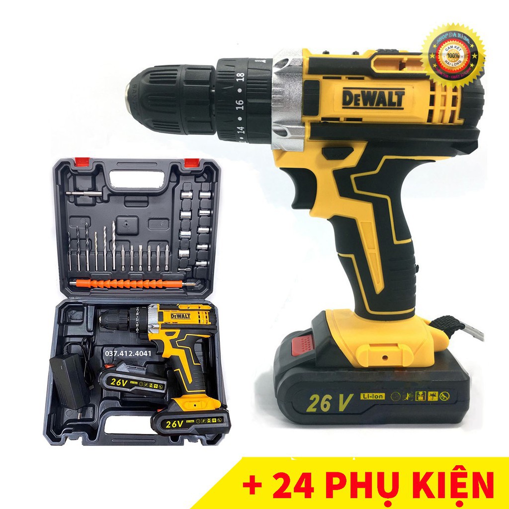 [Chính Hãng] [Tặng 25 chi tiết] Máy khoan pin Dewalt 26V, 2 pin, 100% dây đồng