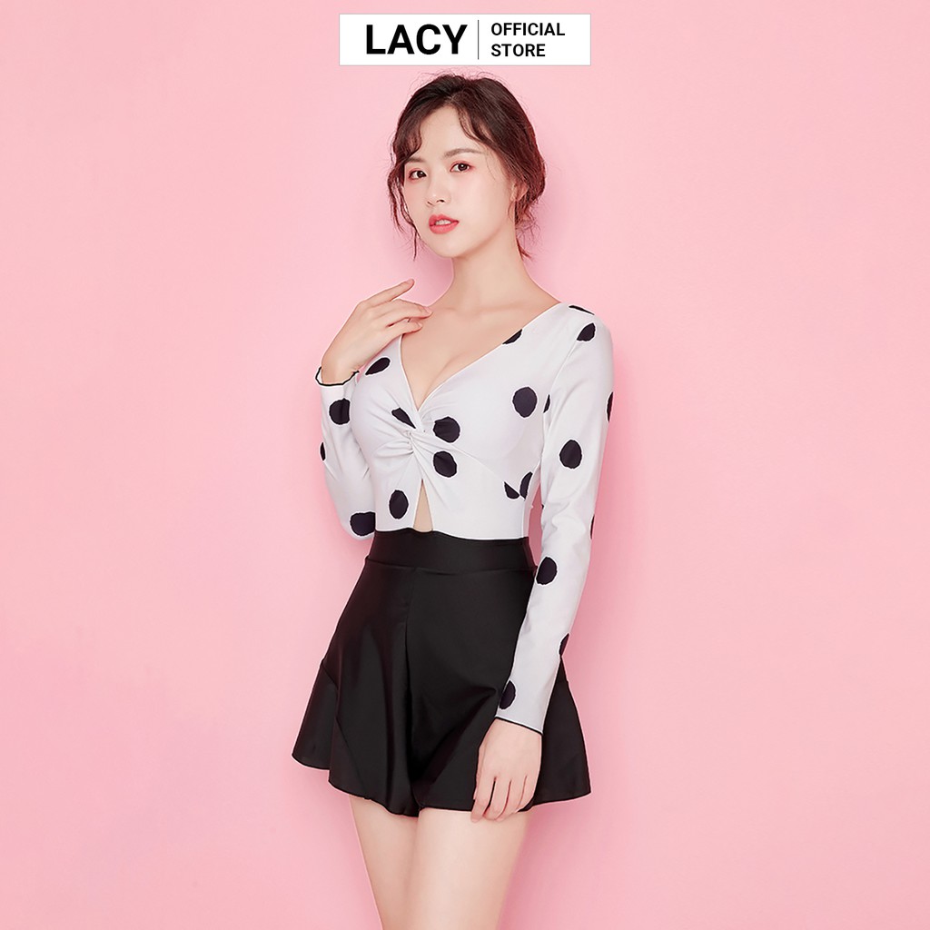 Bộ Đồ Bơi Nữ Tay Dài Quần Dáng Váy Áo Chấm Bi Trẻ Trung B131 LACY