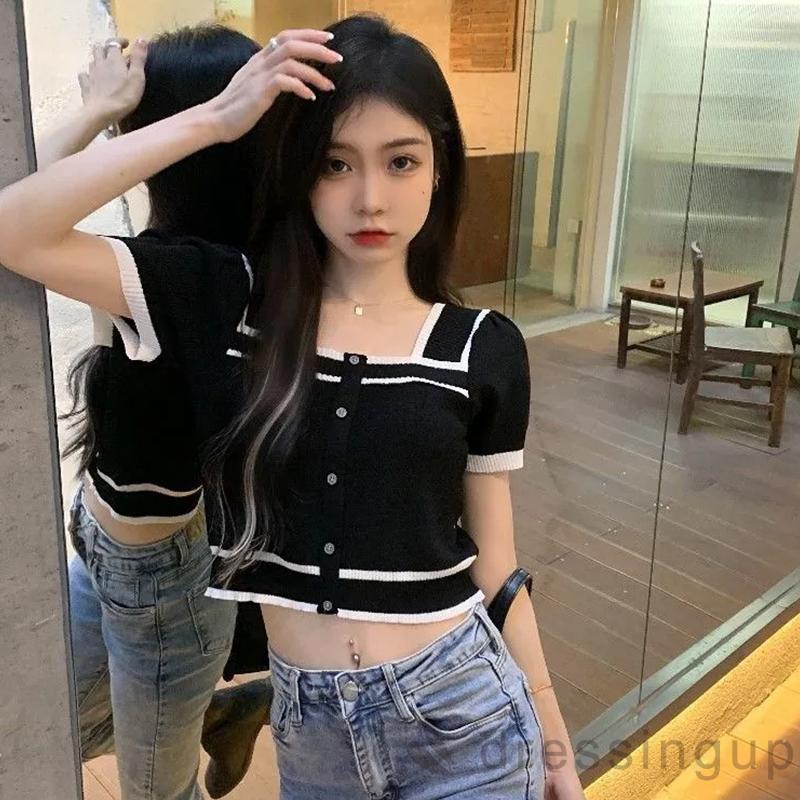 Áo Thun Ngắn Tay Cổ Vuông Hở Lưng Phối Nút Màu Sắc Tương Phản Cho Nữ